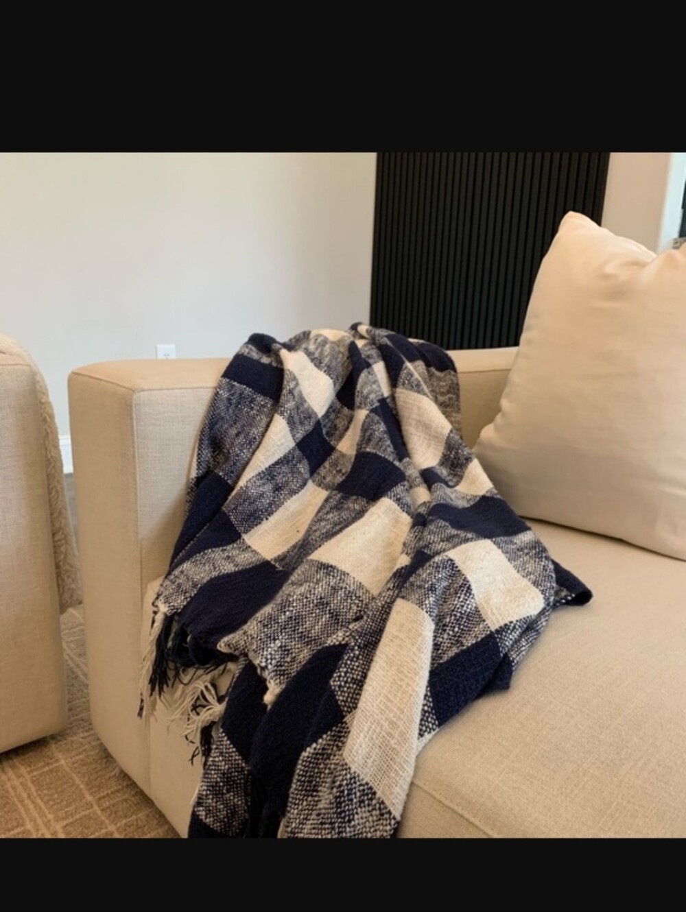 Pottery Barn Navy & White Plaid 100% Cotton Throw Blanket 50x60 Fringe
